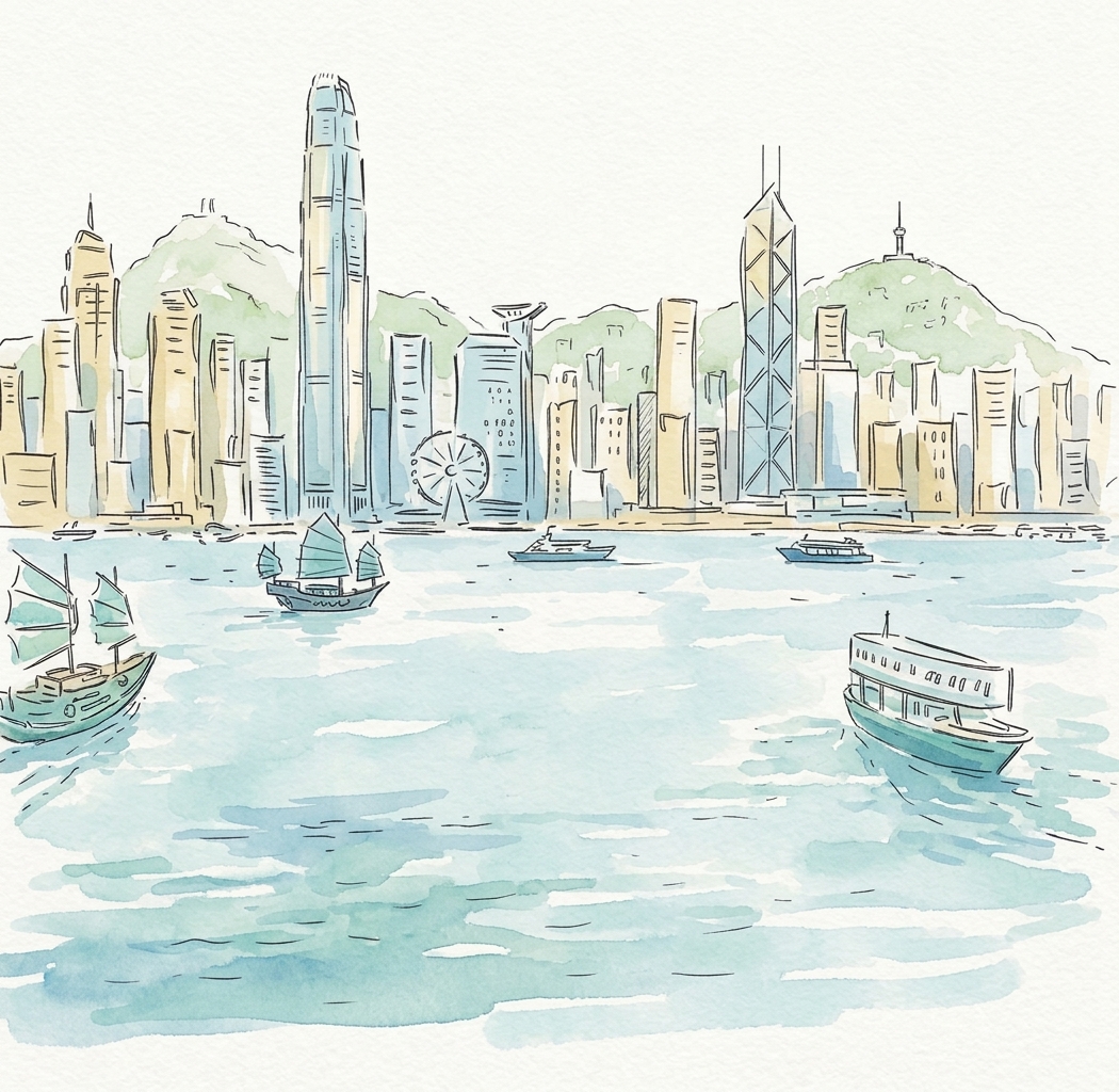 A watercolour of Victoria Harbour, its ferries and Hong Kong skyline.